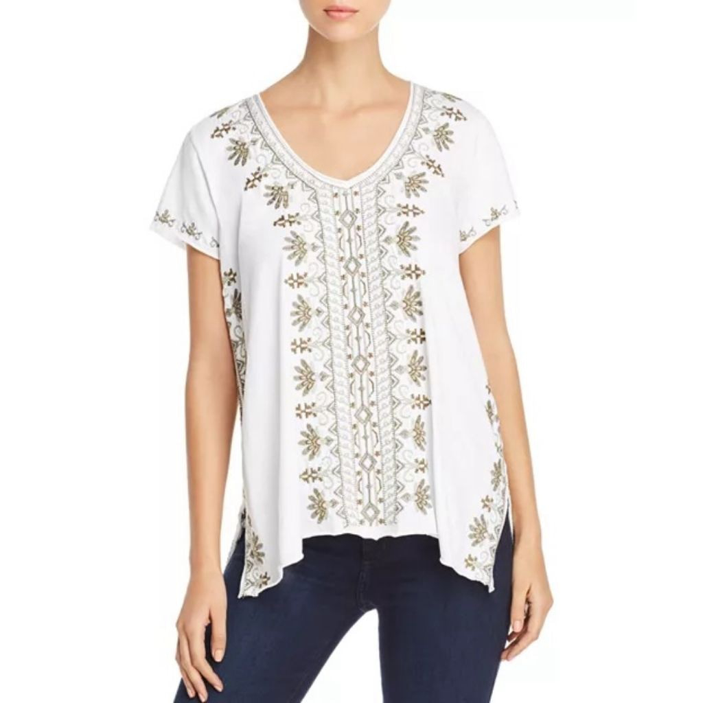 Johnny Was Sean Embroidered Tunic Tee Sage Green White Bohemian Women's Small S